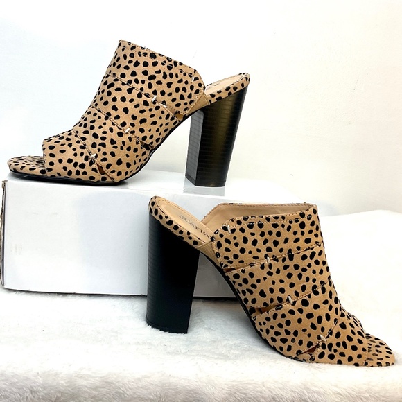 JustFab Gisele Cheetah Mule Sandal Tan Spot Faux Suede Block Heel Slip On Size 9 - Picture 2 of 10